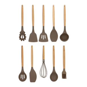 Lot de 10 ustensiles en silicone et manche en bois  ELIOTT