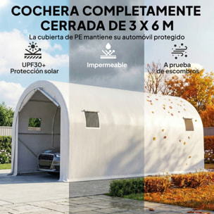 Carpa Garaje Portátil 3x6 m, Garaje Exterior para Coche Impermeable con Puerta Enrollable con Cremalleras y 4 Ventanas, Marco Metal Galvanizado, UPF 30+, Cobertizo de Almacenamiento, Blanco