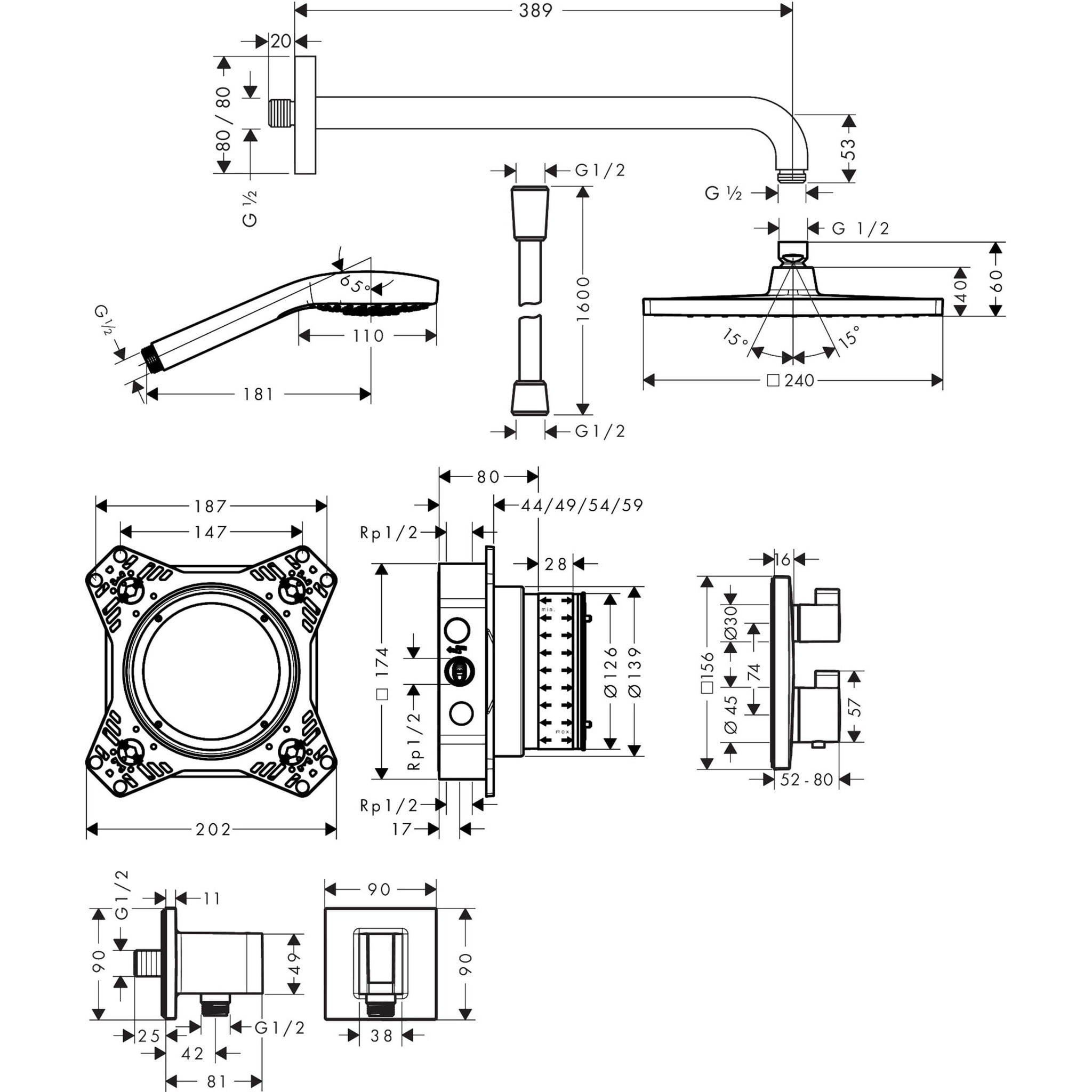 Pack douche encastrée thermostatique Crometta E 240 douche de tête XXL