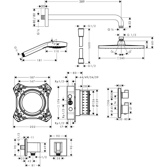 Pack douche encastrée thermostatique Crometta E 240 douche de tête XXL