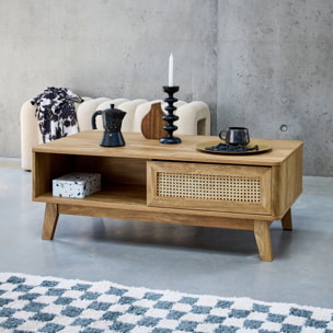 Table basse rectangulaire décor bois et cannage 1 porte coulissante MANI