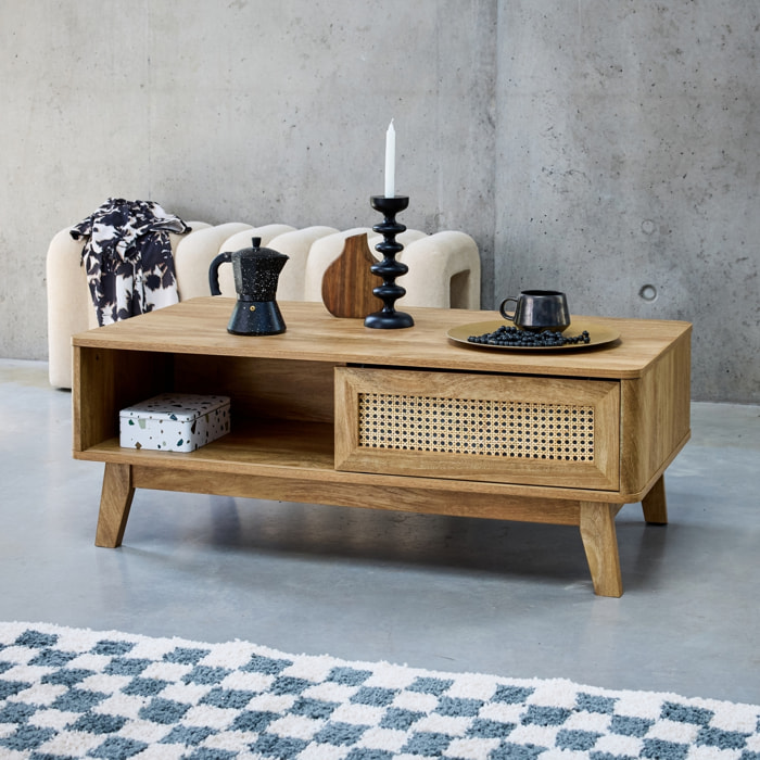 Table basse rectangulaire décor bois et cannage 1 porte coulissante MANI