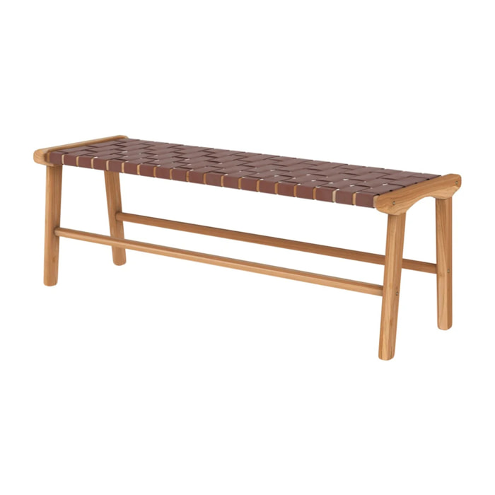 Banc 120 cm en cuir tressé marron et bois de teck - Kuna