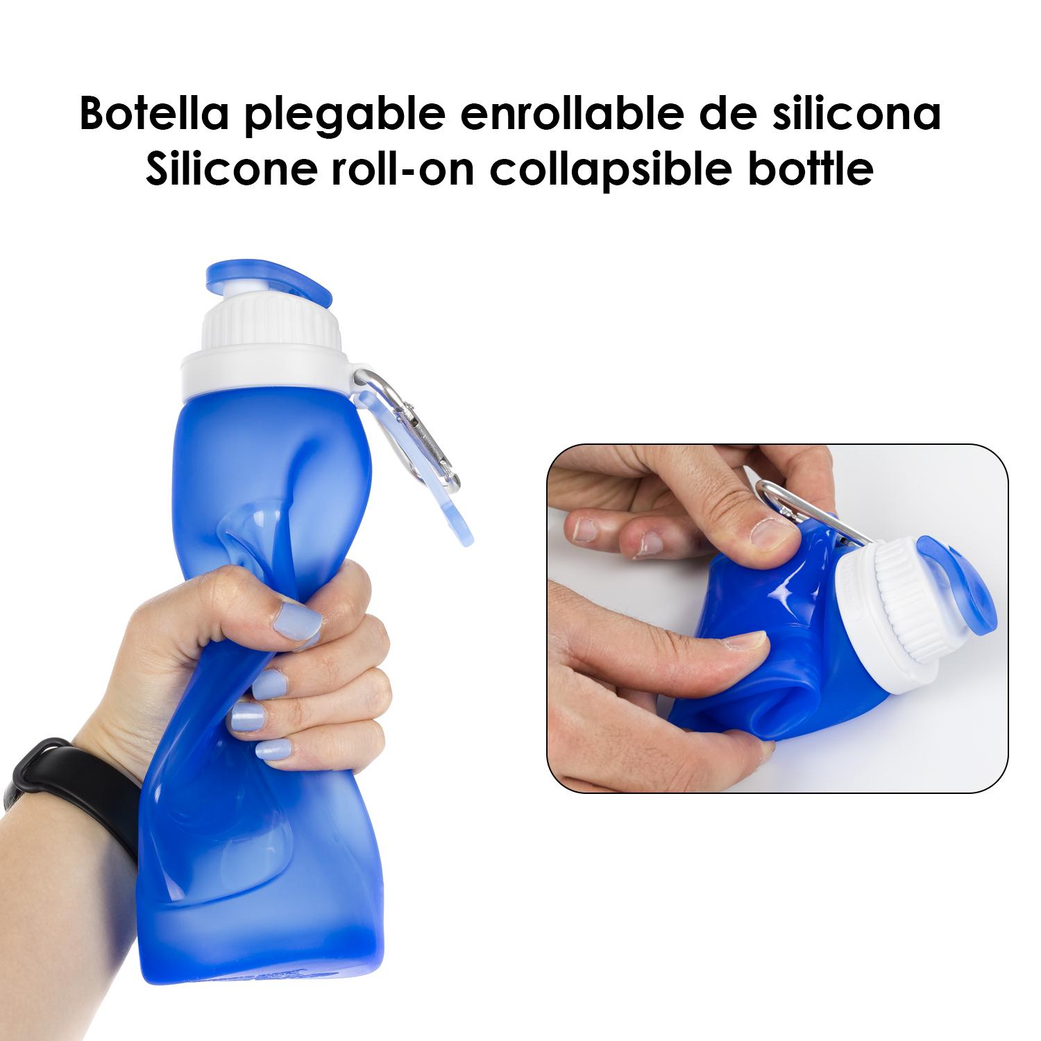 Botella plegable enrollable de 500ml, de silicona de grado alimenticio. Con mosquetón.