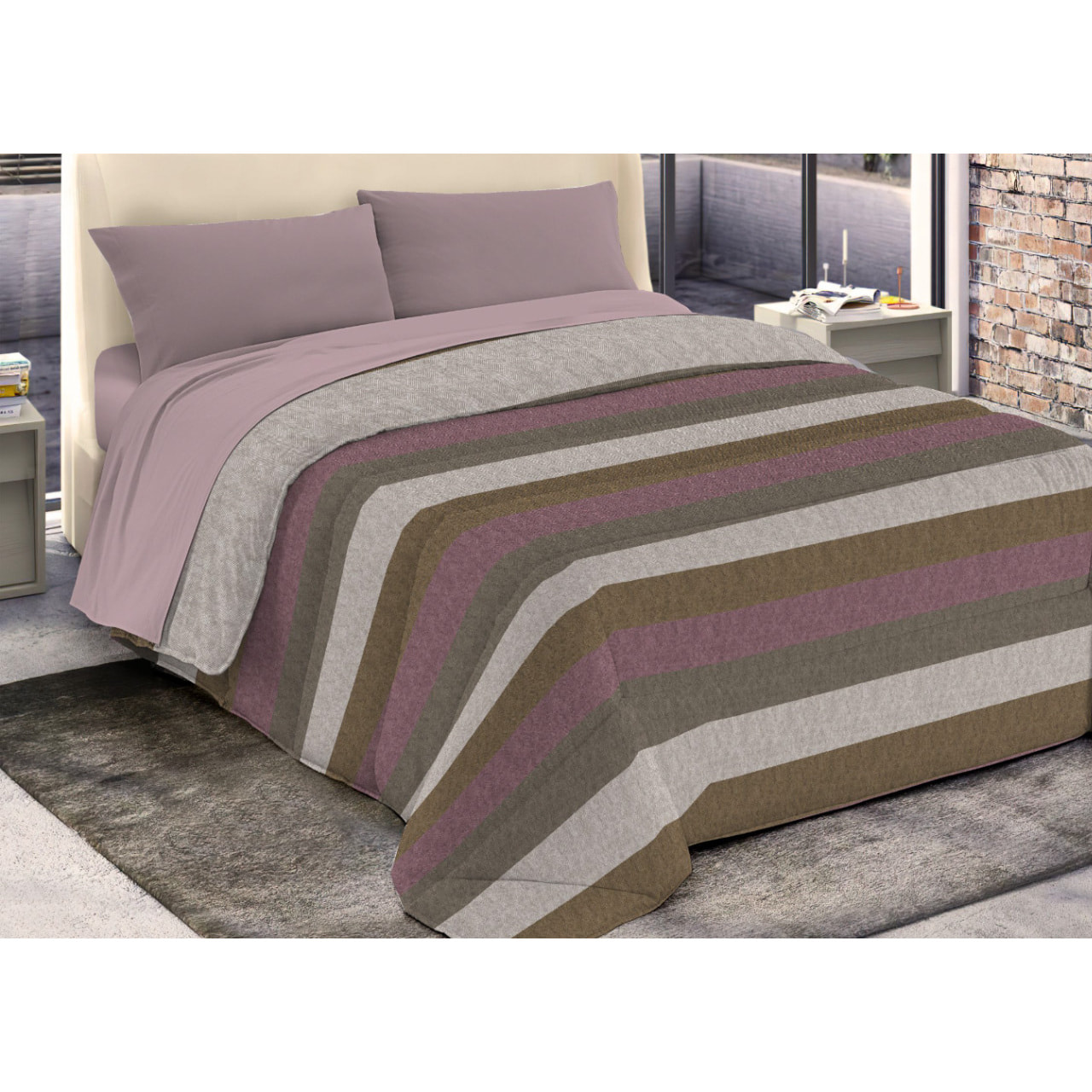 Trapunta Invernale 300gr Made in Italy Piumone Clado Linea Diadema Disegno Riga Rosa
