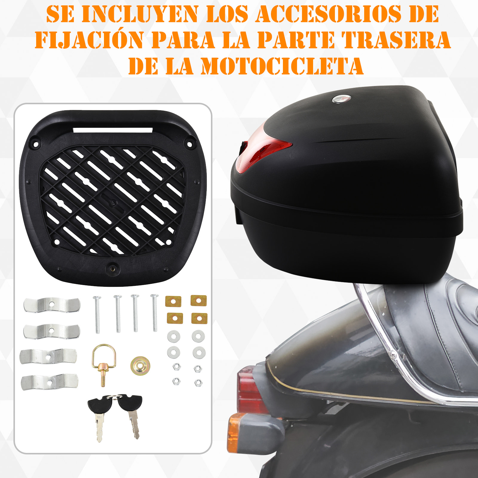 Baúl de Moto Capacidad de 48 L Cerradura con Dos Llaves Accesorios 59x43x33 cm