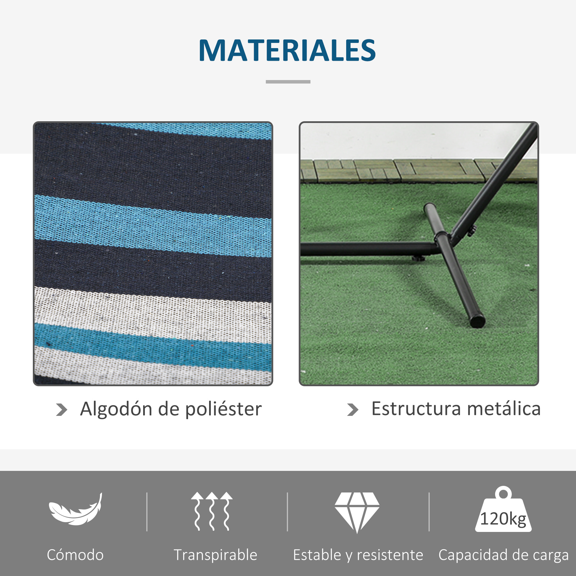 Hamaca con Soporte 310x117 cm Hamaca de Camping con Bolsa de Transporte Portátil Altura Ajustable Carga 120 kg para Patio Terraza Rayas Azul y Blanco