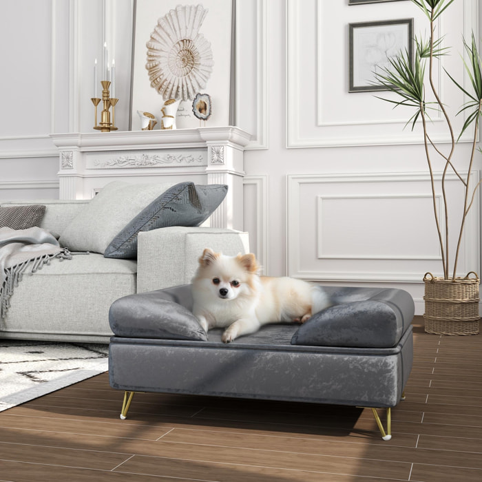 Canapé pour chien design - dim. 76L x 53,5l x 34H cm - piètement épingle métal doré velours gris