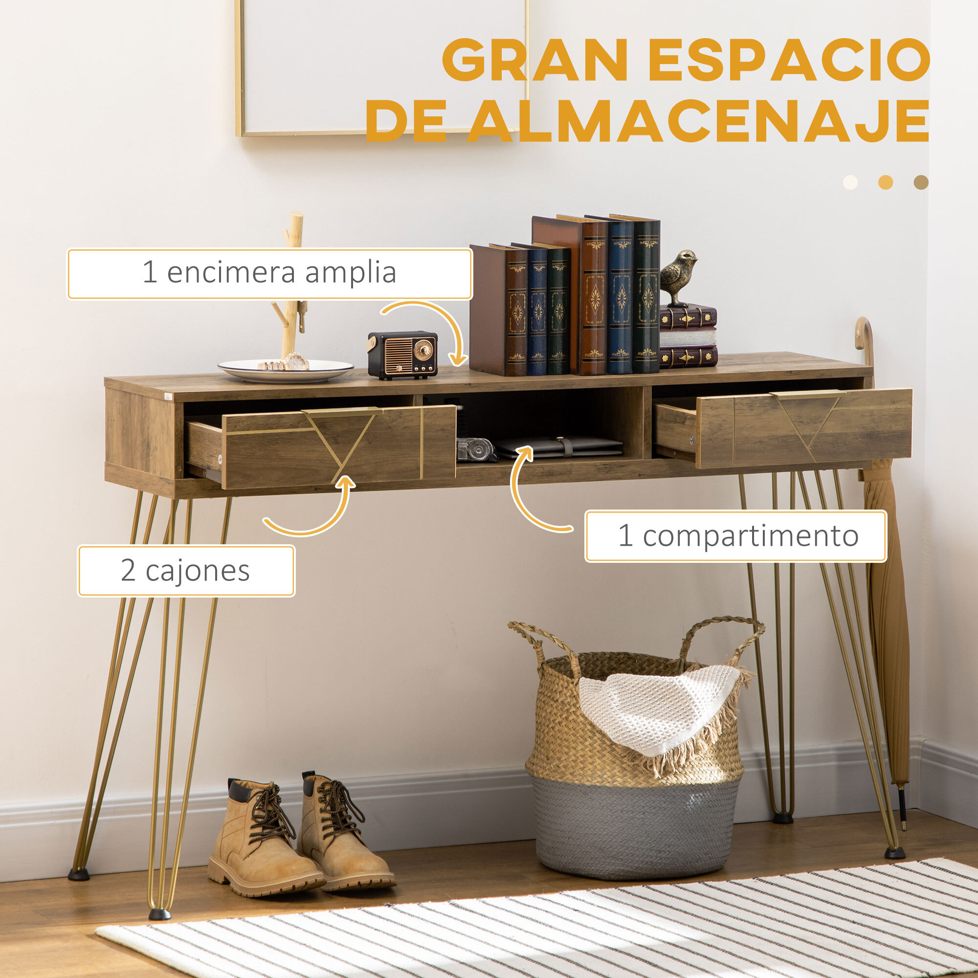 Mesa Consola con 2 Cajones Estante Abierto y Patas de Acero 120x29x79 cm Bronce