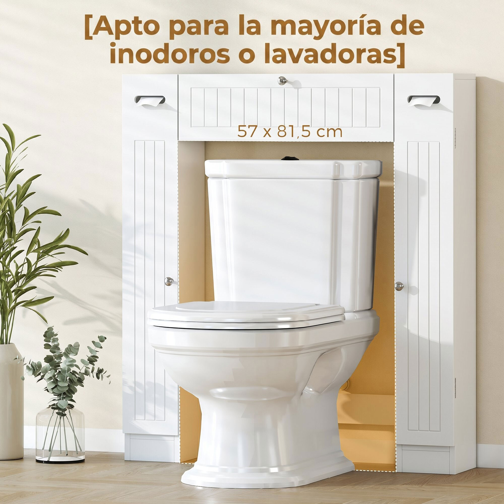 Mueble sobre Inodoro, Armario sobre Inodoro, Mueble de Baño con 2 Armarios Laterales, Cajón Abatible, Portapapeles, Estantes Ajustables, para Lavanderías, Espacios Pequeños, 88x18x98 cm, Blanco