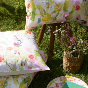 Taie d'oreiller percale de coton lavé 115 g/m² imprimé rose vert Souffle fleuri printemps