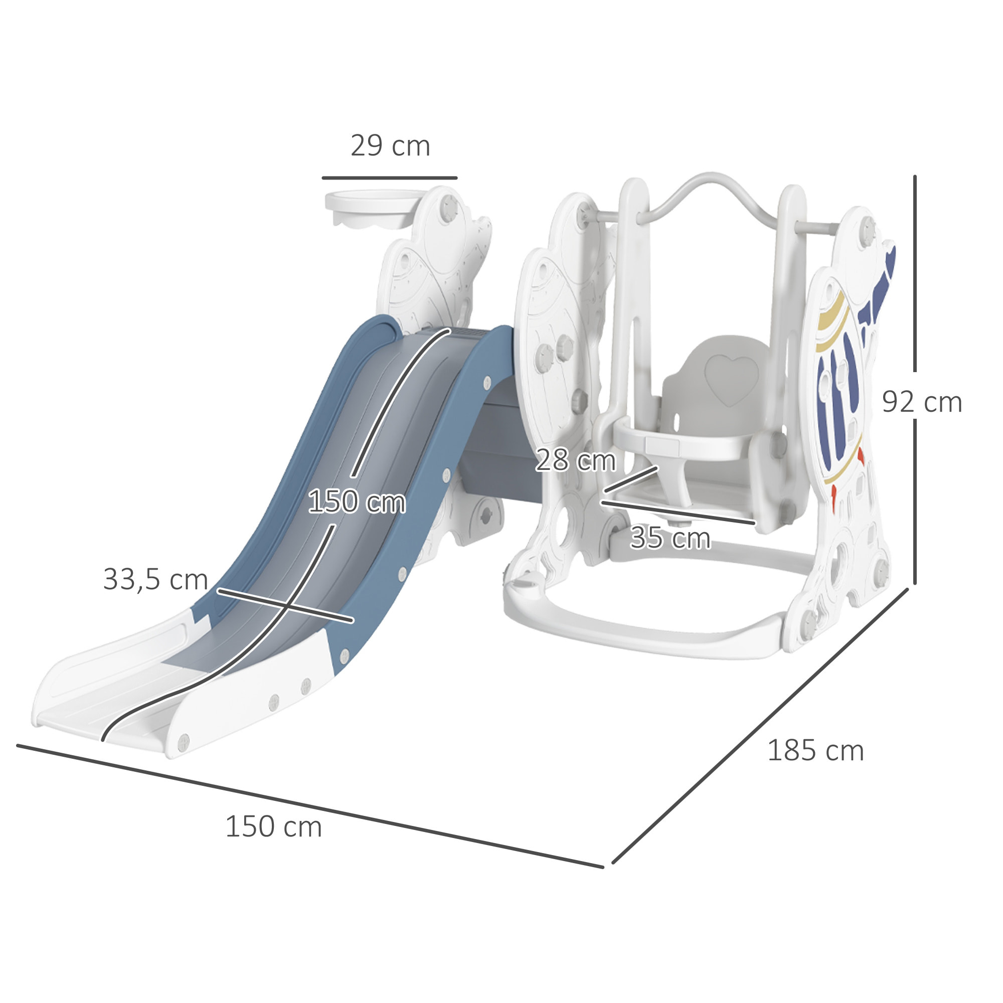 Juego de Tobogán y Columpio para Niños 3 en 1 Columpio para Niños de 18-48 Meses Tobogán para Bebés con Aro de Baloncesto Carga 30 kg 150x185x92 cm Blanco y Azul