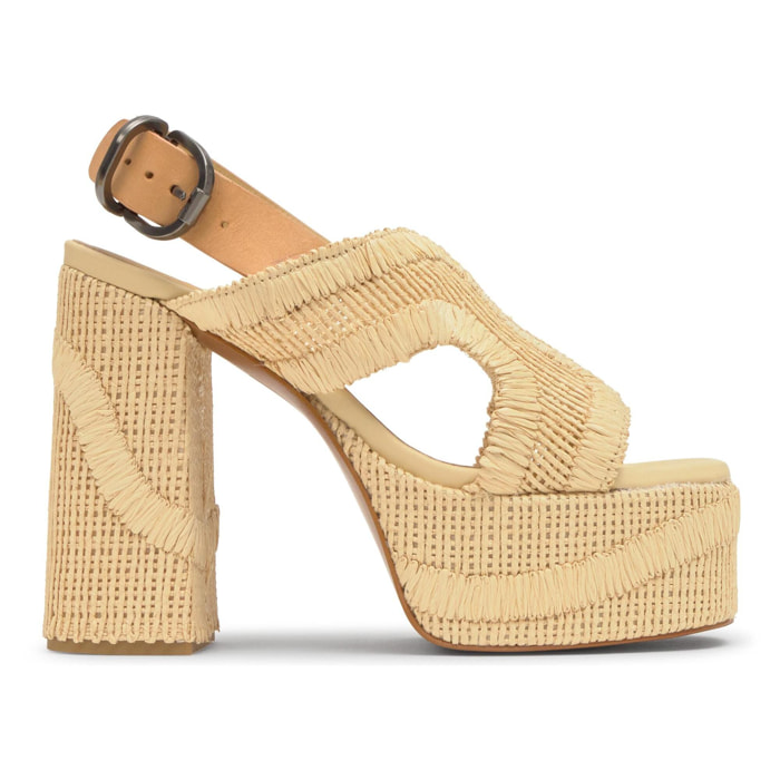 Sandalia destalonada Francina tacón forrado en rafia natural bordada con hebilla