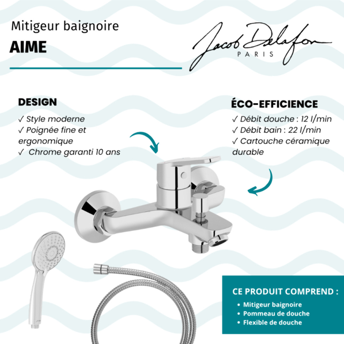 Mitigeur baignoire Aimé + pommeau de douche Juliette + flexible de douche métal