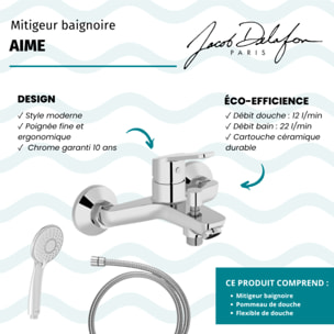 Mitigeur baignoire Aimé + pommeau de douche Juliette + flexible de douche métal