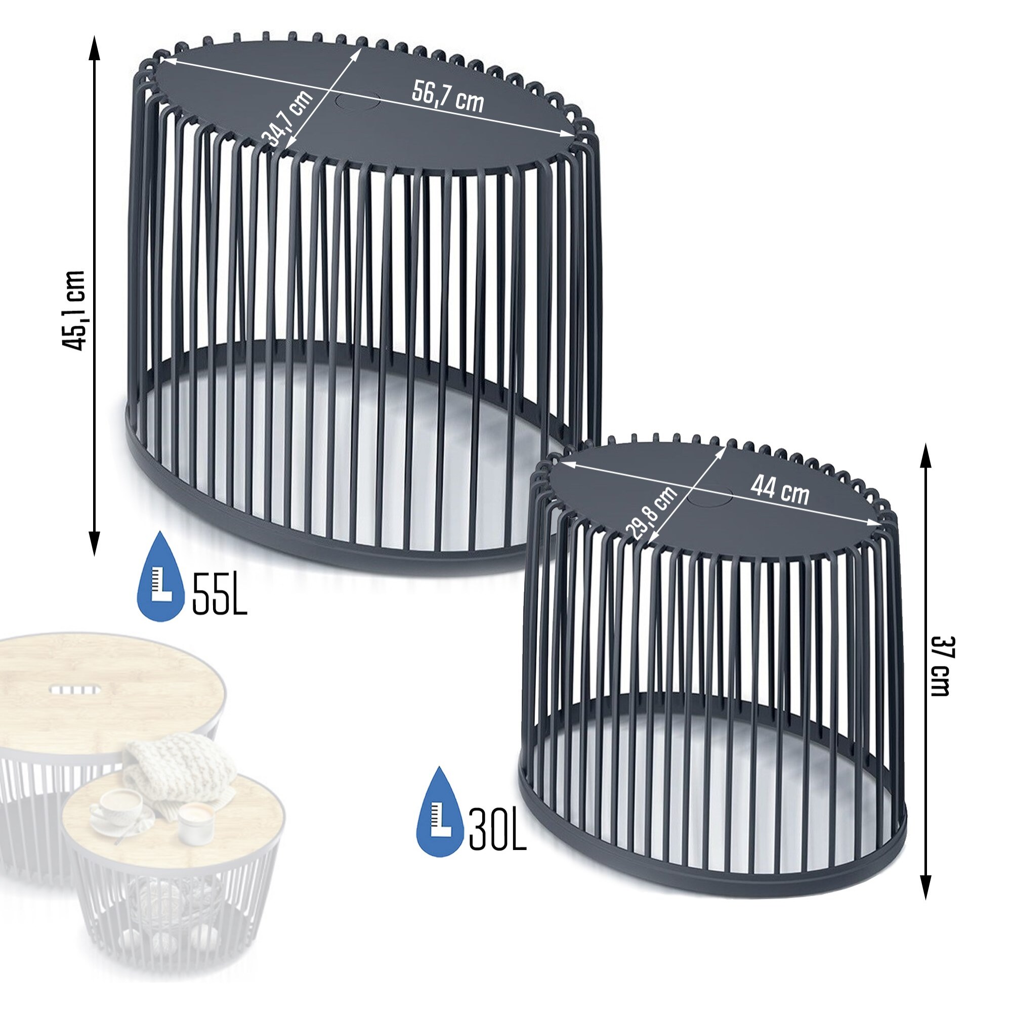 Set de 2 cestas de jardín soporte - mesa auxiliar decorativa clubo , dimensiones (mm) 568x348x450, color antracita