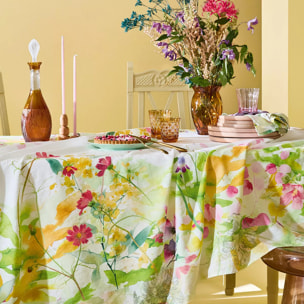 Chemin de table lin & coton lavé 150 g/m² imprimé rose jaune vert Souffle fleuri printemps