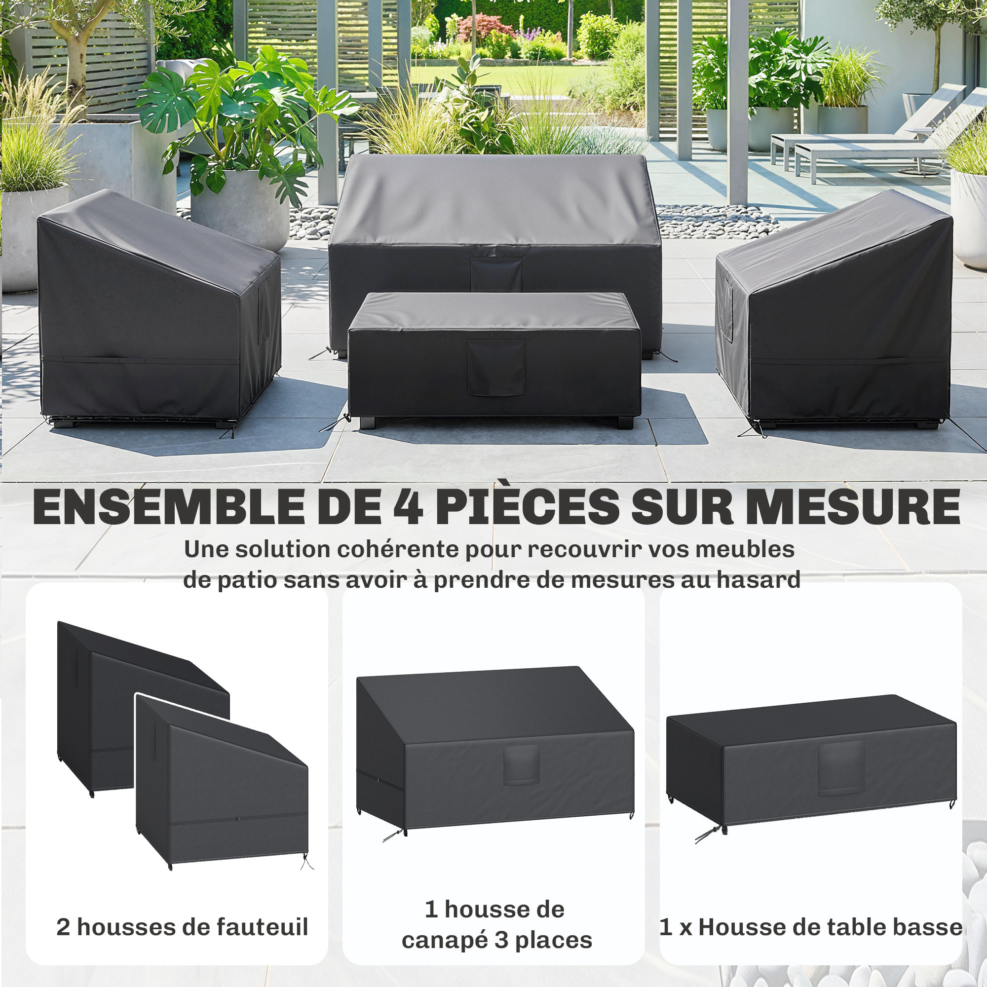 Ensemble de 4 housses salon de jardin imperméable tissu oxford noir