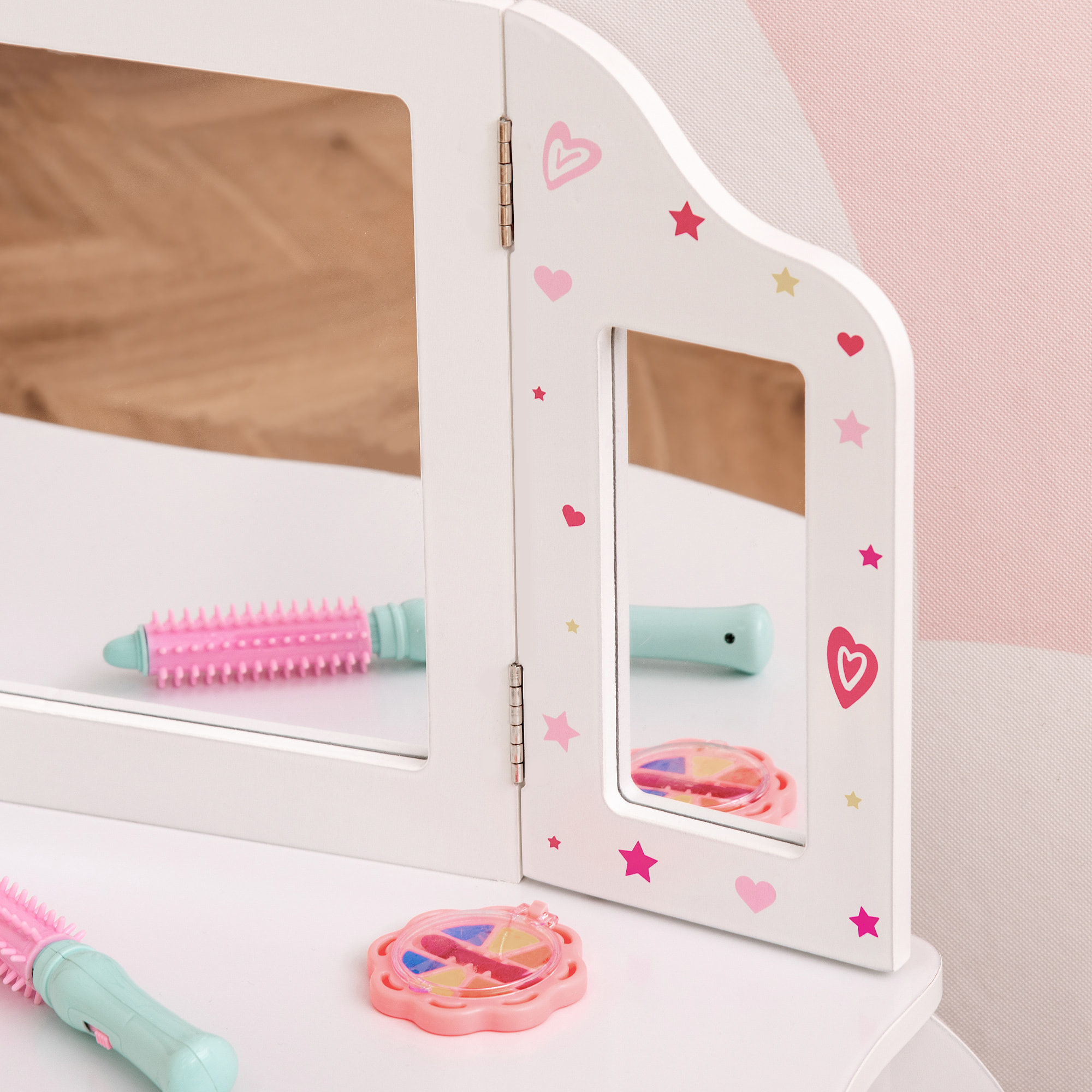 Coiffeuse enfant avec tabouret, miroir triptyque et tiroir coulissant - coiffeuse dim. 63L x 40l x 85,5H cm - MDF blanc, rose