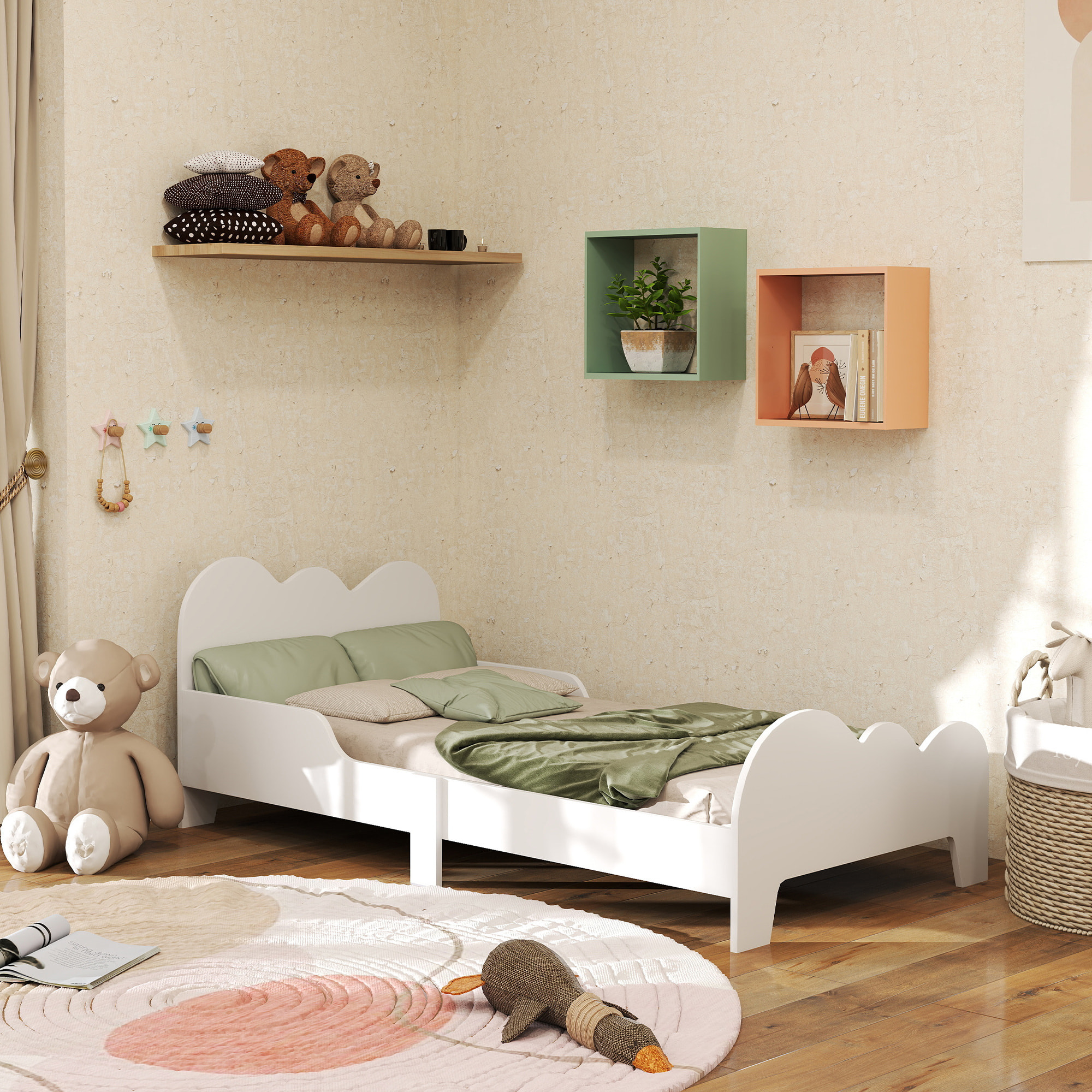 Lit pour enfant 3-8 ans design nuage - sommier à lattes inclus - barrières de sécurité - blanc