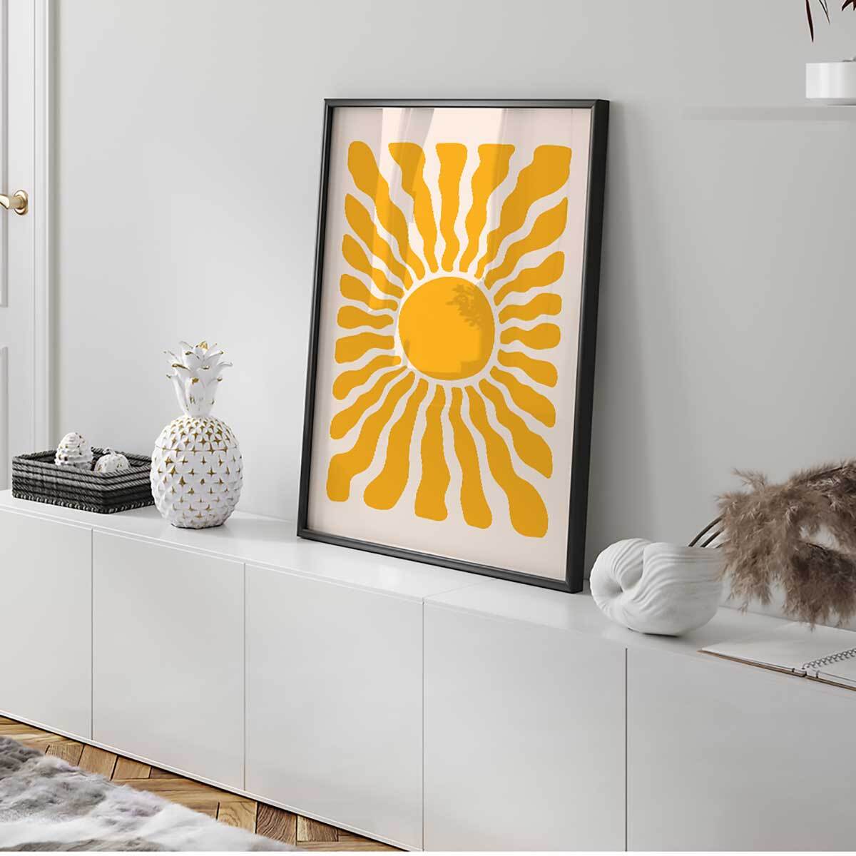 Affiche encadrée soleil abstrait rétro Affiche + cadre en métal - Noir