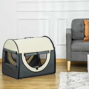 Sac de transport pliable chien chat - poignée, porte, 3 fenêtres, coussin - gris beige