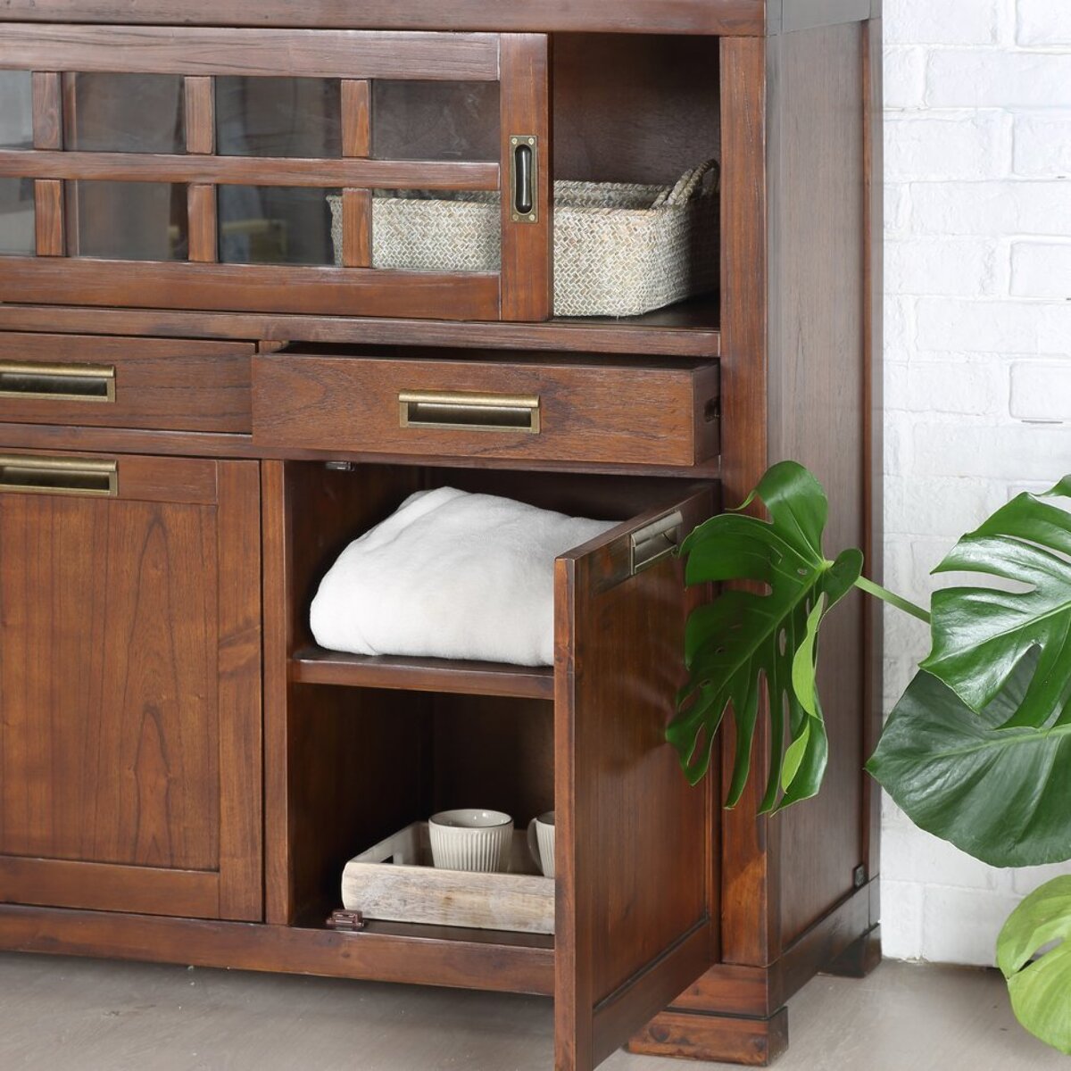 Buffet Kenia -bois massif de mindi et placage naturel de mindi-couleur teck 160 x 110 x 43 cm