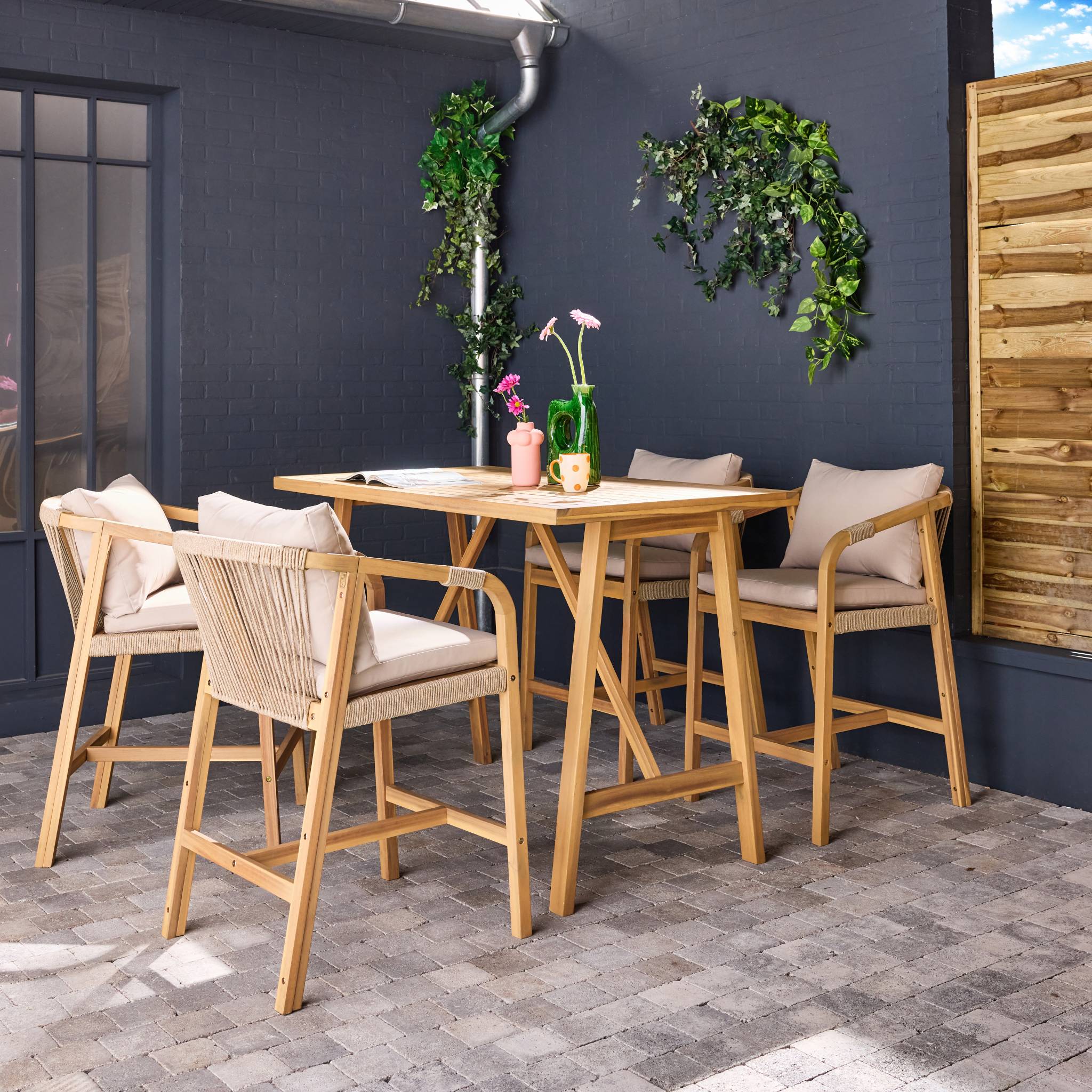 Table haute de jardin bois d'acacia + 4 assises Paloma et Zahara naturel 150 x 81 x 100 cm