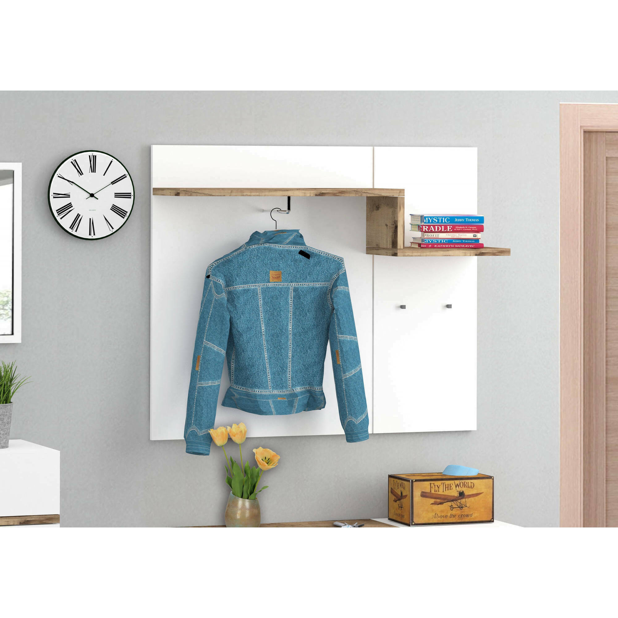 Mobile da ingresso Mugello, Entratina moderna multifunzione, Armadietto multiuso per atrio, 100% Made in Italy, cm 120x30h100, Bianco lucido e Acero