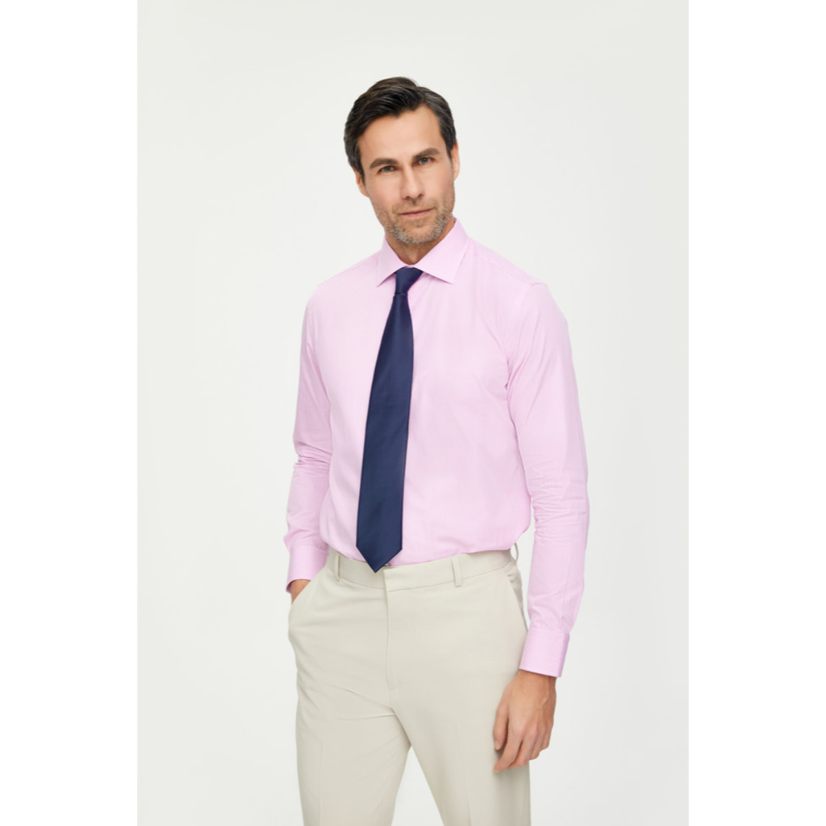 Camicia Uomo 1 Bottone Francese Slim Cotone Riga Stretta Rosa Fucsia/Bianco