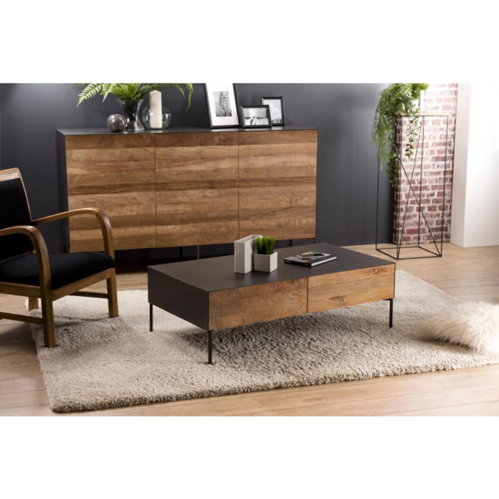 MADISON - Table basse rectangulaire 111x60cm 2 tiroirs bois Teck recyclé métal et pieds métal gris anthracite