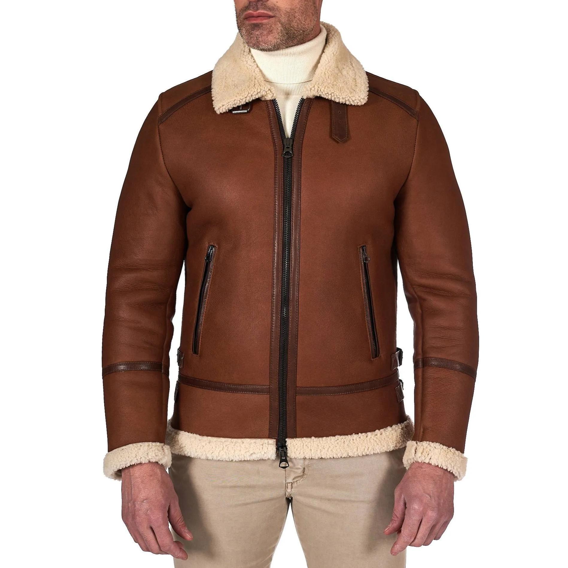 Montone cuoio Shearling biker uomo collo camicia con fibbia