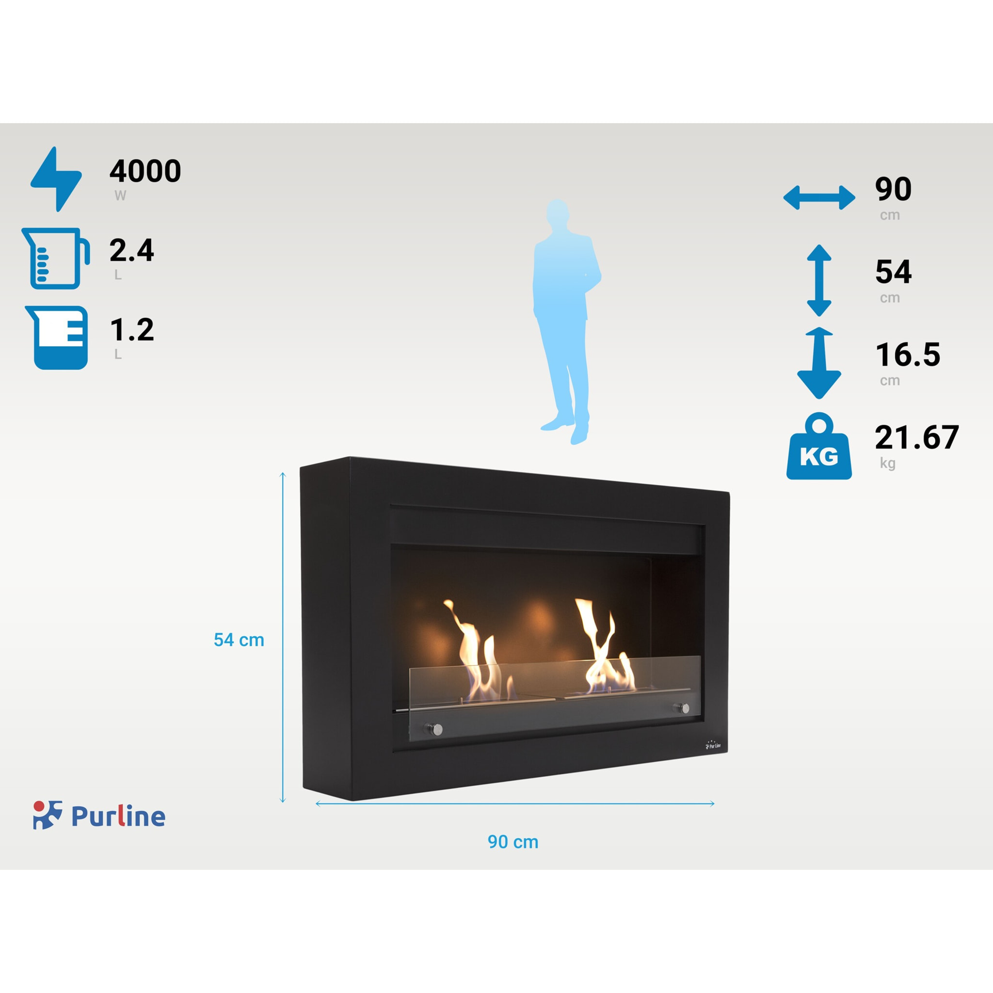 Large cheminée à l'éthanol en acier noir et double flamme