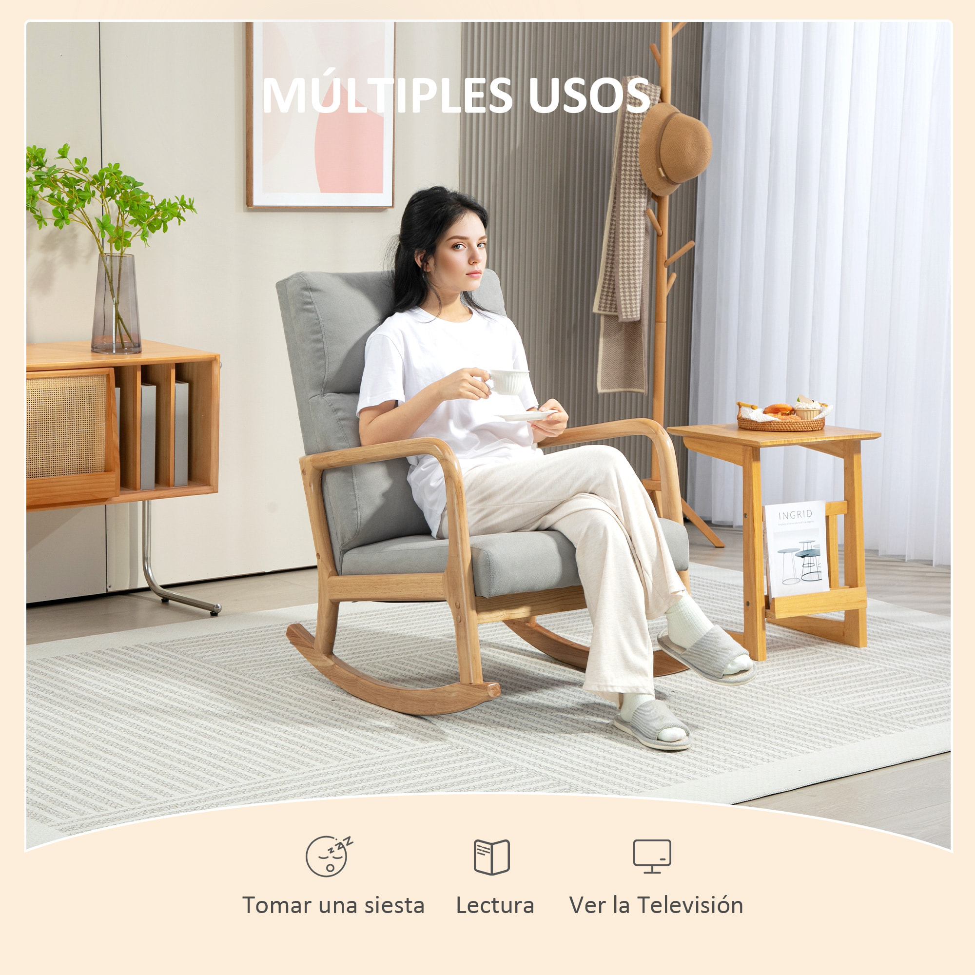 Mecedora Tapizada en Lino Silla Mecedora con Patas de Madera de Caucho y Reposabrazos Mecedora para Lactancia Carga 150 kg para Dormitorio Salón Gris