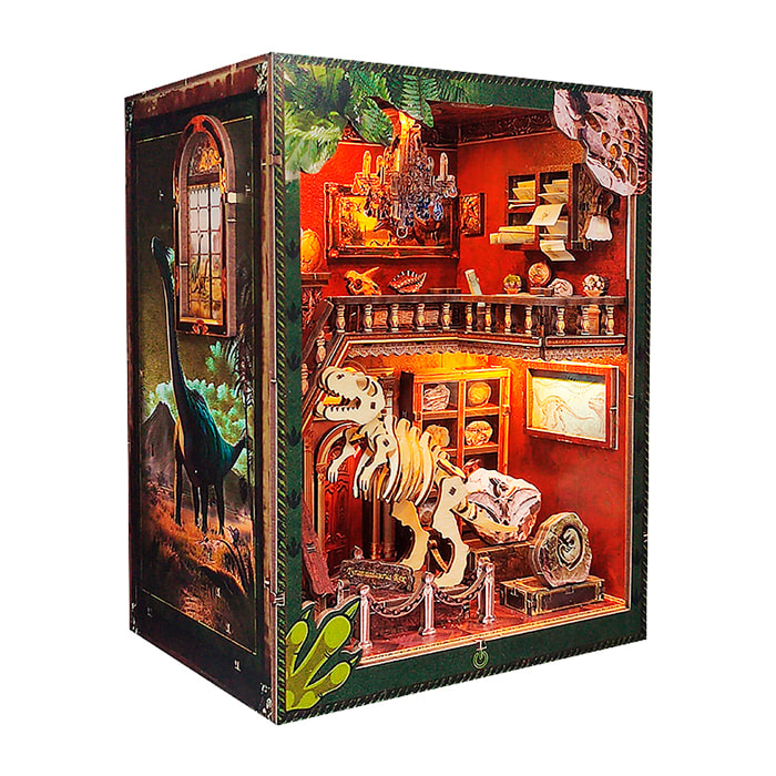 Studio di dinosauri. Book Nook in legno, design 3D realistico con grande dettaglio, copertura e luci led. Con 153 pezzi.