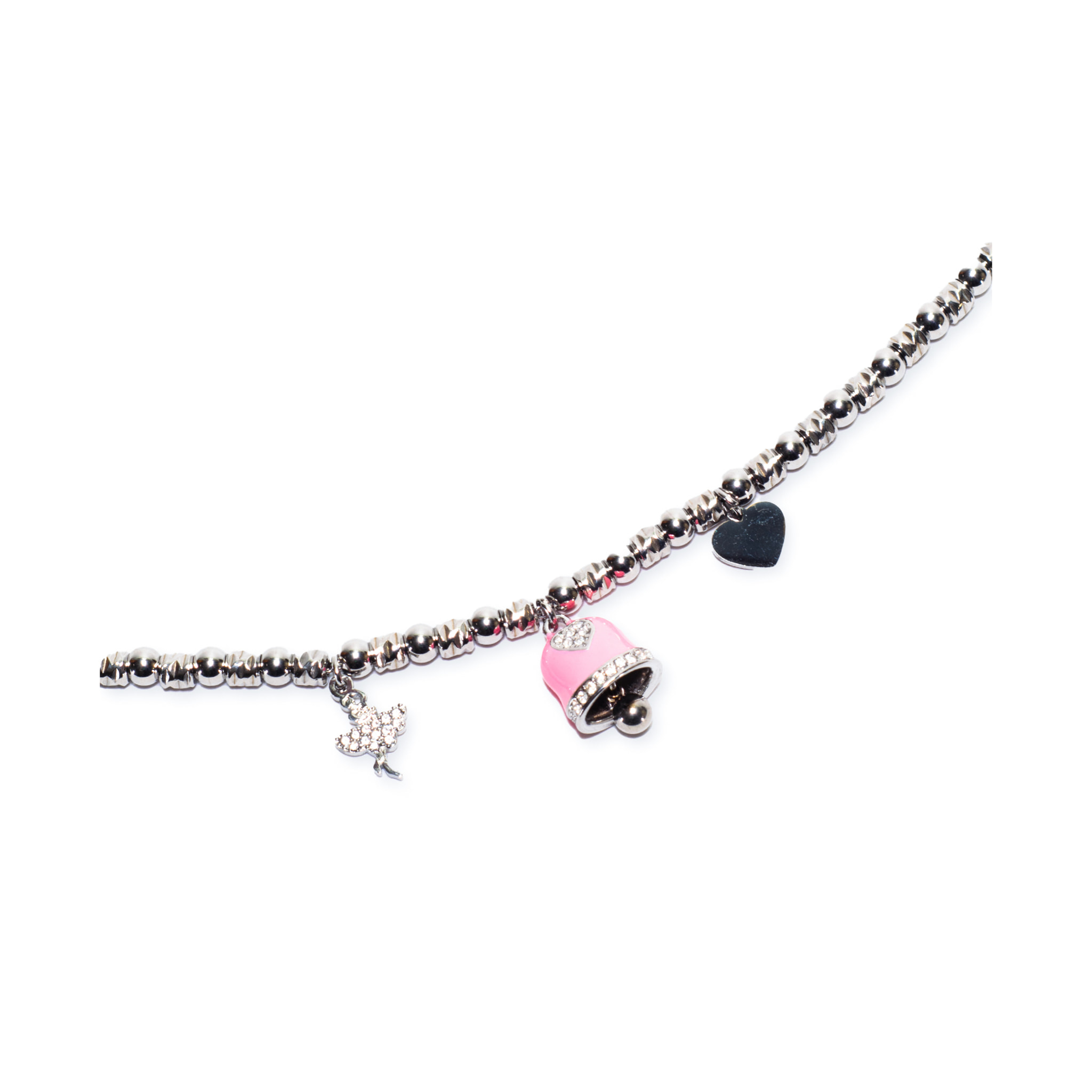 Collana in acciaio silver a sfere con charms rosa e strass