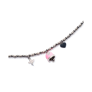 Collana in acciaio silver a sfere con charms rosa e strass