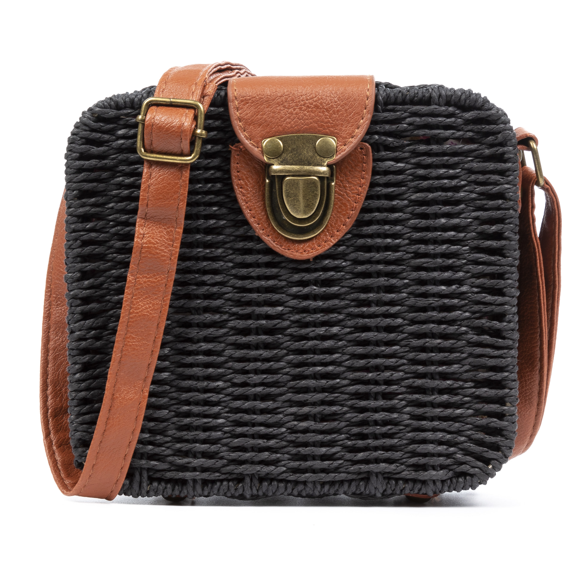 IRIA QUINTANA Borsa a tracolla da donna Empoli. Tessuto Paglia Pelle Sintetica PU 18x7x17 Cm. Colore nero