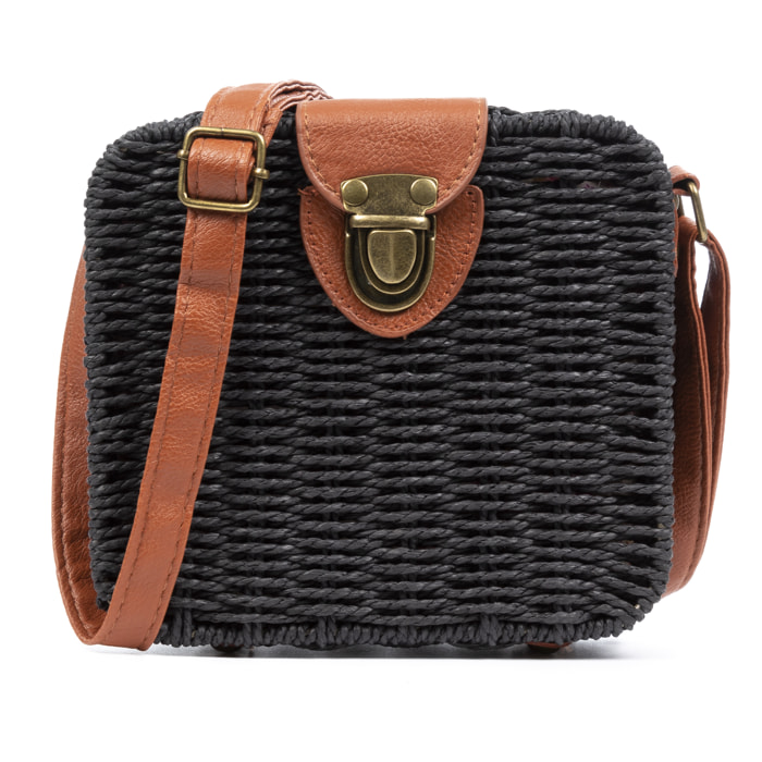 IRIA QUINTANA Borsa a tracolla da donna Empoli. Tessuto Paglia Pelle Sintetica PU 18x7x17 Cm. Colore nero