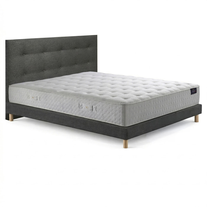 Ensemble matelas ressorts ensachés SÉLÉNÉ 2, accueil latex, H26 cm, sommier et tête de lit gris foncé