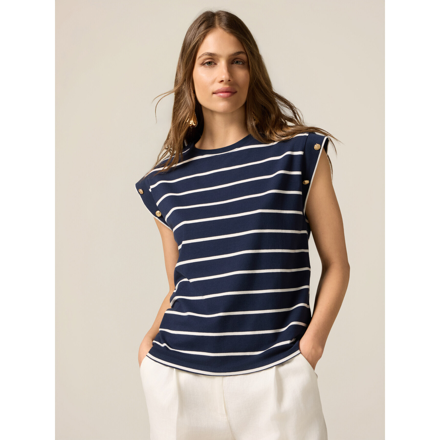 Oltre - Camiseta a rayas con botones decorativos - Azul