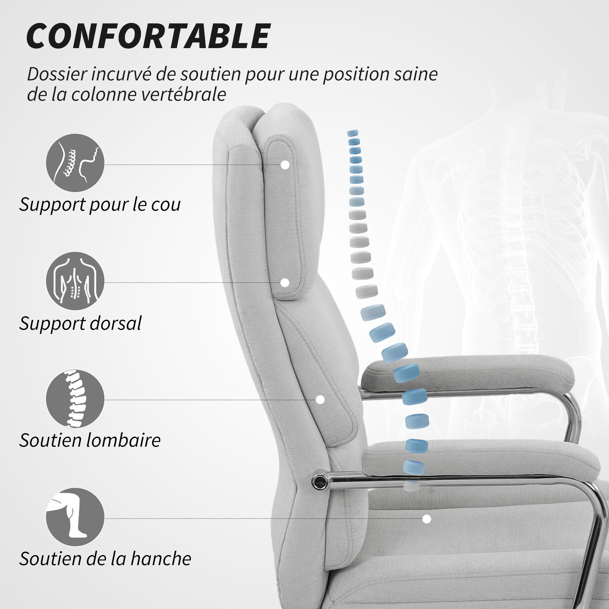 Fauteuil de bureau manager design accoudoirs rembourrés acier chromé tissu toucher lin gris clair