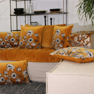 Coussin en velours fleuri - Jaune Curry