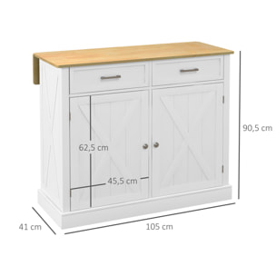 Isla de Cocina Carro de Cocina con Encimera de Madera Plegable 2 Puertas 2 Cajones Estante Ajustable y 4 Ruedas 105x60x90,5 cm Blanco