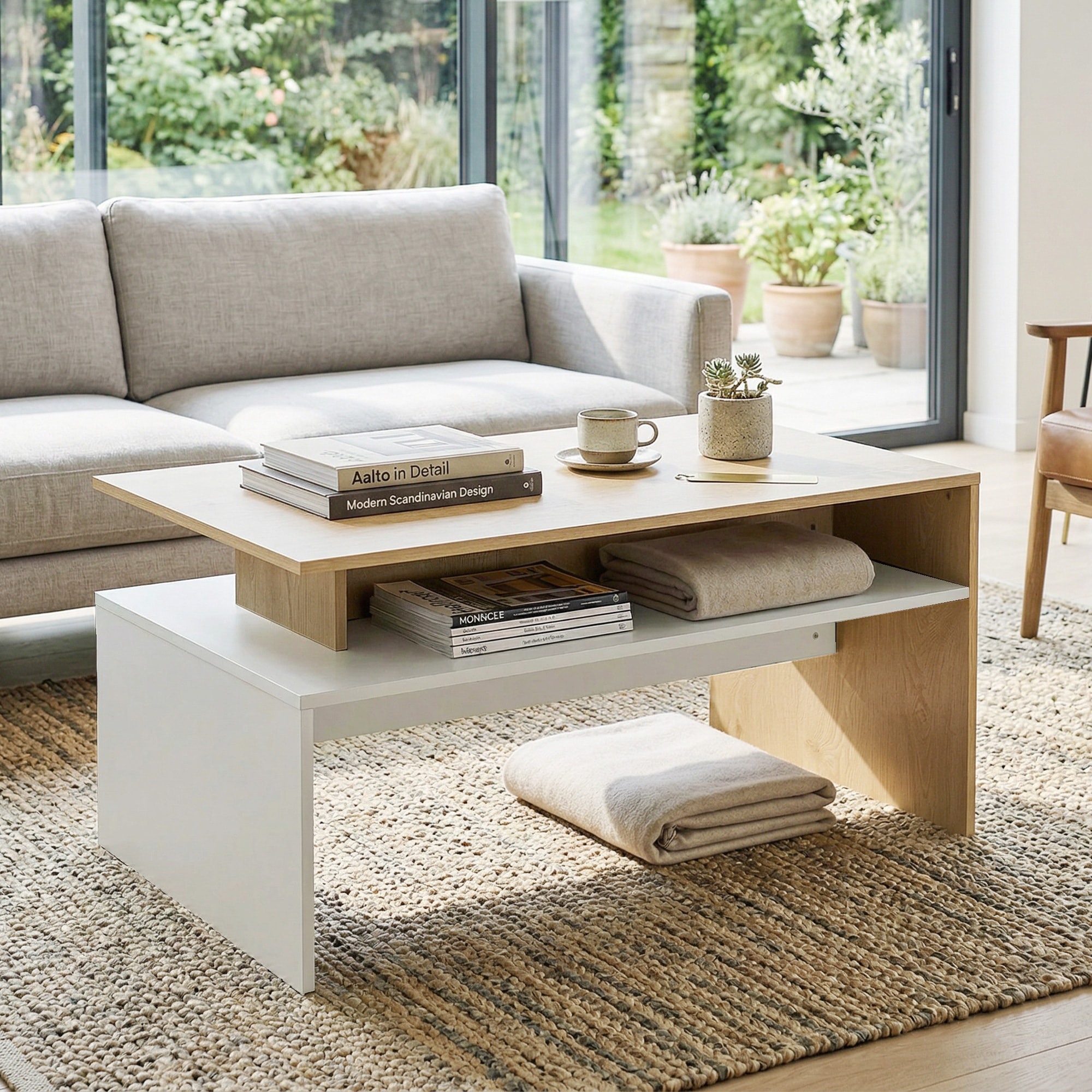 Mesa de Centro Moderna, Mesa baja para Salón con Compartimento para Salón, Sala de Estar, 95x55x50 cm, Natural y Blanco