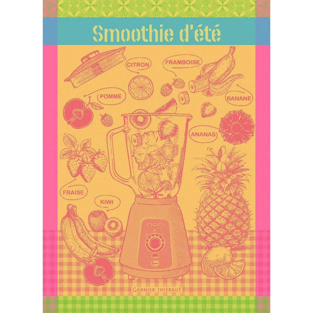 Torchon pur coton motif jacquard rose jaune Smoothie d'ete fruite