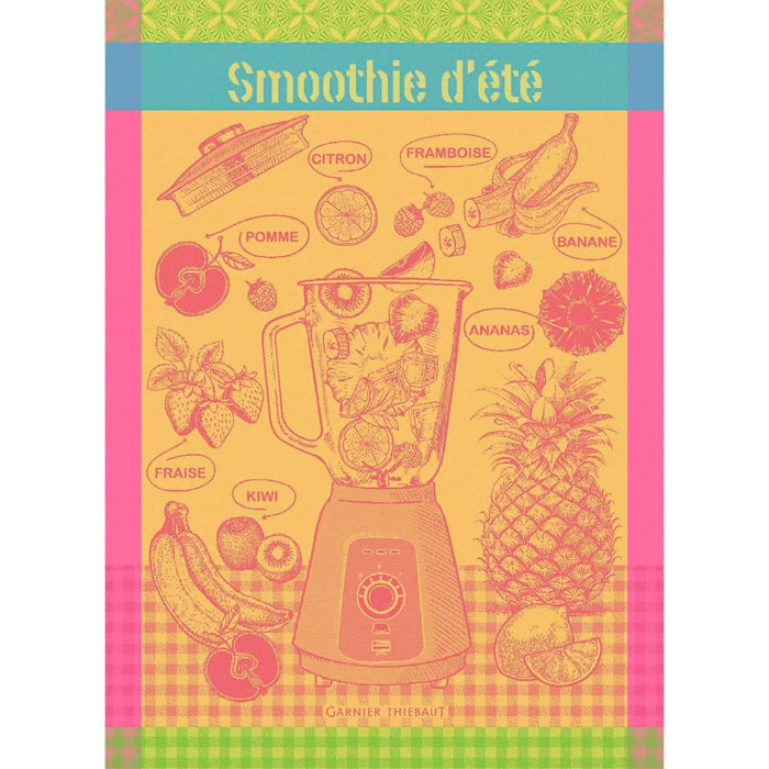 Torchon pur coton motif jacquard rose jaune Smoothie d'ete fruite