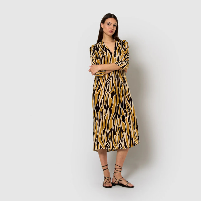 Vestido midi bambula detalles plisados europa beige/negro