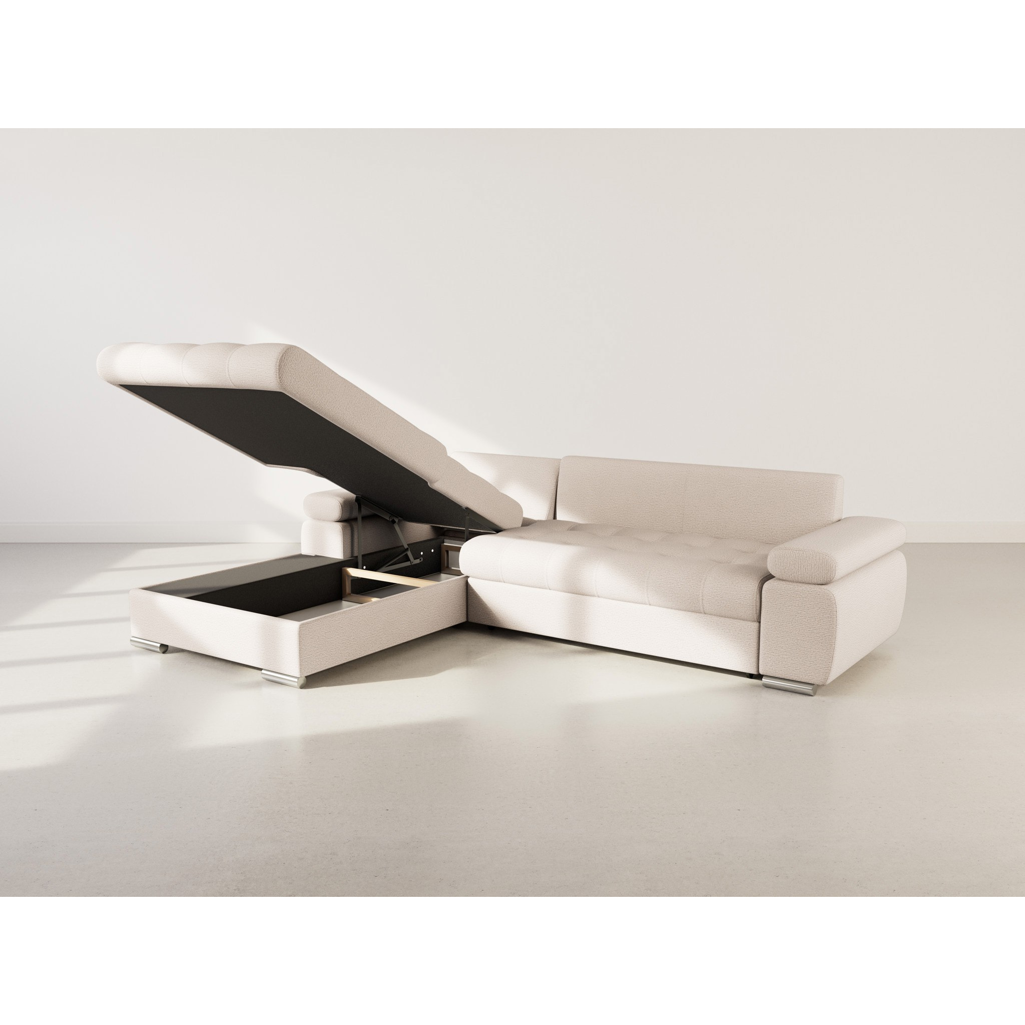 Bianca - Canapé d'angle gauche 4 places convertible avec coffre en tissu texturé - Beige