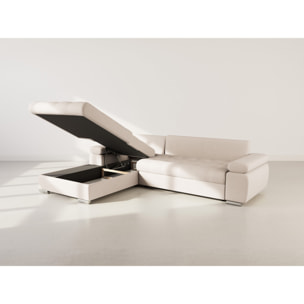 Bianca - Canapé d'angle gauche 4 places convertible avec coffre en tissu texturé - Beige